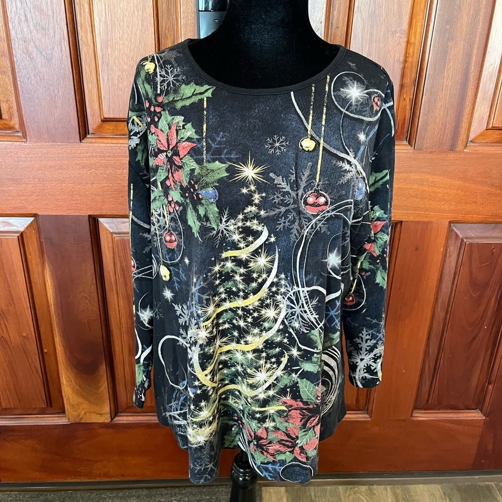 Jess & Jane Christmas Joy Top Shirt Womens Large 1X Whimsical All Over Print y2K
